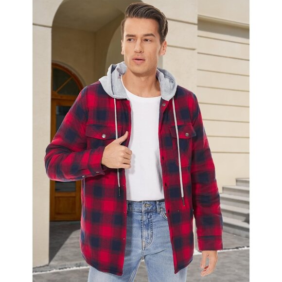🆕 Men Red Flannel Shirt Jacket Quilted Lined Winter Warm Coat Button Up Hoodie - Picture 2 of 6
